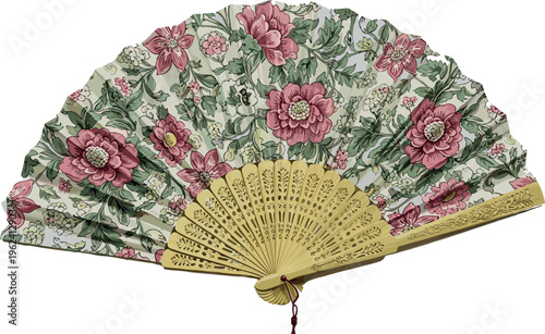 Vintage Floral Hand Fan with Intricate Flower Patterns and Wooden Sticks, Elegant Decorative Accessory Vector Illustration
