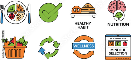 Healthy Eating and Nutrition Icon Set with Mindful Food Selection, Wellness, Balanced Diet, Healthy Habits, Fruits, Vegetables, and Meal Planning Concepts