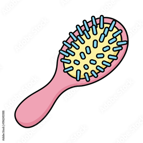 A pink hairbrush with blue bristles and a yellow center on a white background, simple illustration for beauty and hair care concepts.