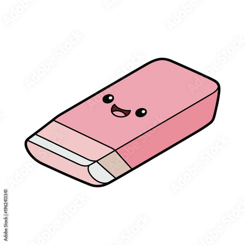 A cheerful pink cartoon eraser with a smiley face on a white background, symbolizing fun and education in a playful and friendly manner.