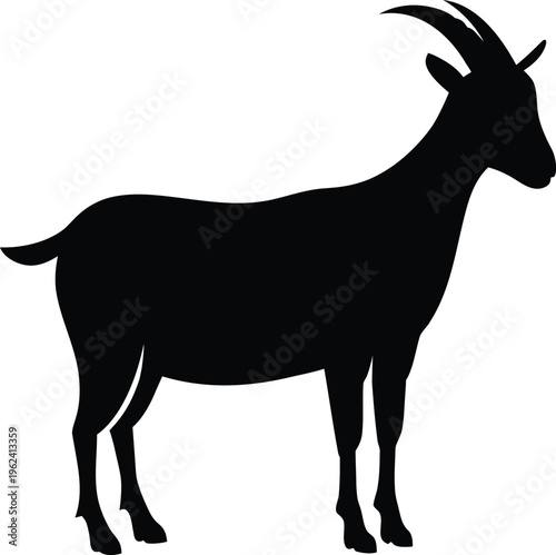 Black silhouette of an adult goat standing on a white background