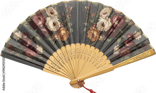 Vintage Floral Hand Fan with Wooden Sticks and Elegant Flower Patterns, Detailed Vector Illustration of Decorative Accessory