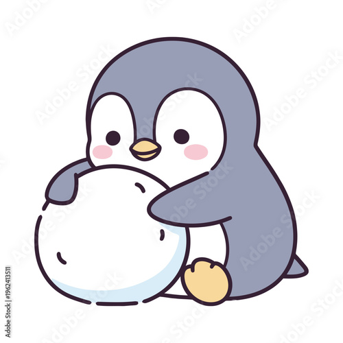 Cute cartoon penguin hugging a snowball with rosy cheeks and a sweet expression on a white background
