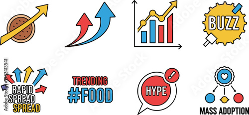 Food Trend and Viral Popularity Icon Set with Rapid Spread, Trending Food, Buzz, Hype, Mass Adoption, Growth, and Popularity Concepts