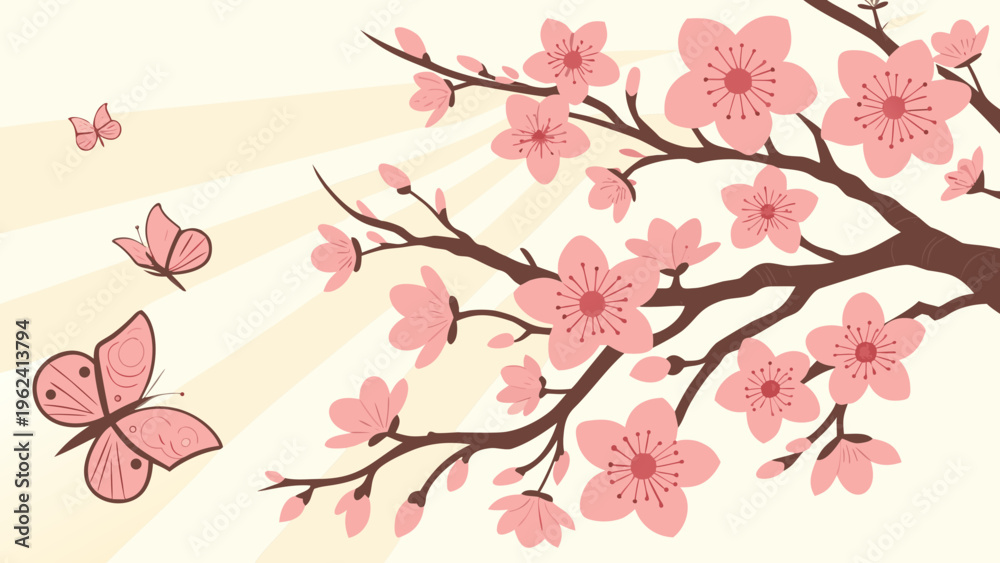 Fototapeta premium Pink cherry blossom tree, blooming flowers, butterflies, spring vector illustration