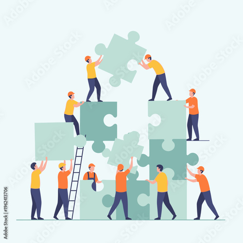 Teamwork building puzzle house, construction workers assembling jigsaw pieces, collaboration and success concept