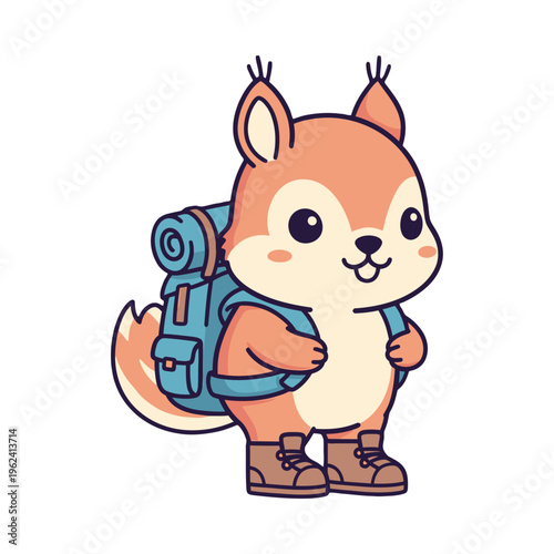A cartoon squirrel with a backpack and hiking boots stands ready for adventure in a cute and playful illustration.