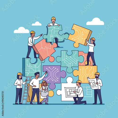 Teamwork building puzzle with circuit board pattern, collaboration and engineering concept