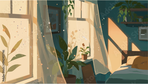 Illustration Of A Room Full Of Plants With Light From The Window Vector Design Template