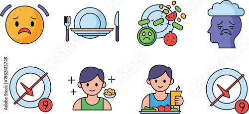Emotional Eating and Meal Tracking Icon Set with Stressed Emotion, Empty Plate, Food Avoidance, Healthy Meal Choice, Time-Restricted Eating, and Meal Planning Concepts