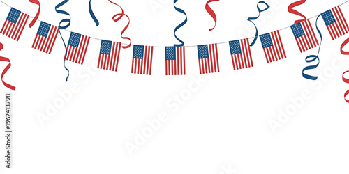 American flags hanging on a string with red and blue ribbons