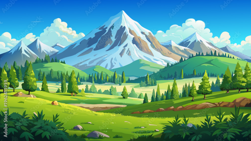 Obraz premium Mountain landscape, scenic view, green valley, snow-capped peaks