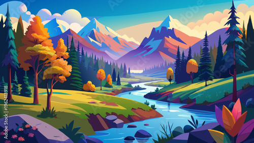 Vector mountain landscape, colorful autumn scenery, river valley, cartoon nature scene, wilderness background