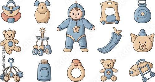 Baby toys and objects in blue and beige colors