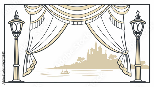 Elegant theatrical backdrop, golden curtains, cityscape silhouette, street lamps, vector illustration