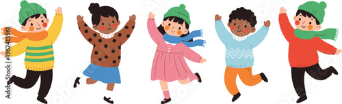 Happy Kids Jumping in Winter Clothes Cute Children Cartoon Vector Illustration Set