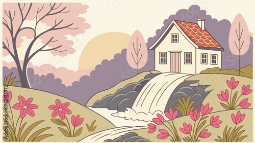 Vector house, waterfall, flowers, landscape illustration, pink and purple hues