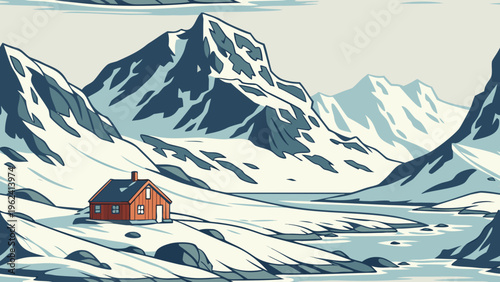 Snowy mountain landscape, winter cabin scene, frosty hills vector, icy mountainside