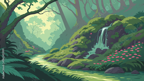Whimsical forest landscape, lush greenery, serene waterfall, vector illustration, nature scenery