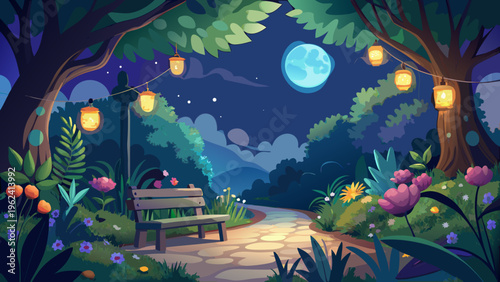 Moonlit garden pathway, nighttime scenery, cartoon landscape, illuminated park scene