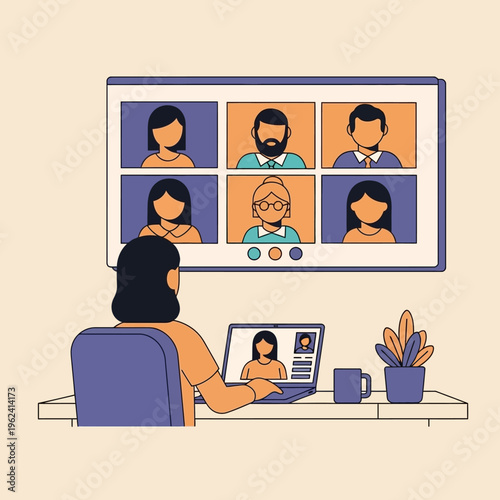 Woman participating in a video conference call with colleagues on a laptop and large screen
