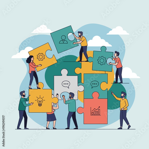 Teamwork assembling puzzle pieces with business icons, collaboration and strategy concept
