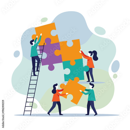 Teamwork assembling puzzle pieces, collaboration, problem solving, strategy, success, business concept