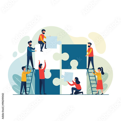 Teamwork assembling puzzle pieces, collaboration, strategy, business success, problem solving concept