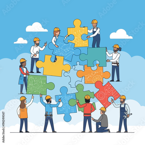 Teamwork assembling puzzle pieces, representing collaboration, innovation, and problem-solving