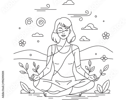 Woman meditating in lotus position with closed eyes and serene expression surrounded by plants and whimsical line art