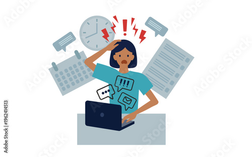 Illustration of a stressed, overworked, burned out woman. Too many tasks at work, stressful job. Burn out, work stress, multitasking, failure concept. Flat design modern cartoon character.