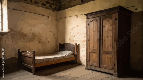 A simple, rustic bedroom with a single bed and wooden wardrobe