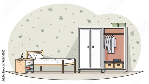 A minimalist illustration of a cozy bedroom with a wardrobe silhouette