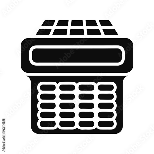 Solid black silhouette of a Solar-powered calculator, minimalist icon. isolated on White Background