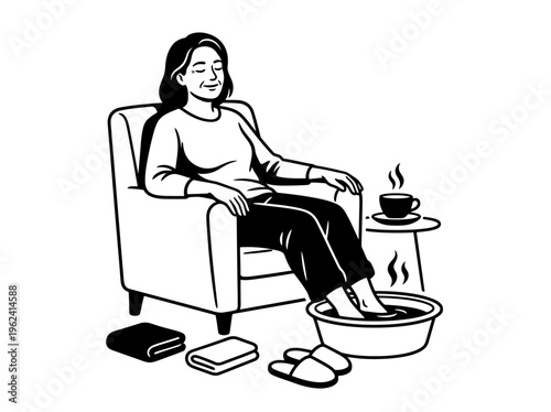 Woman relaxing with warm foot soak at home
