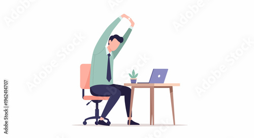 Businessman Stretching at Desk in Office.