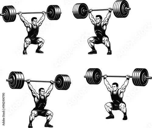 Strong bodybuilder man weightlifting heavy barbell set in gym snatch powerlift exercise fitness workout sports vector illustration isolated