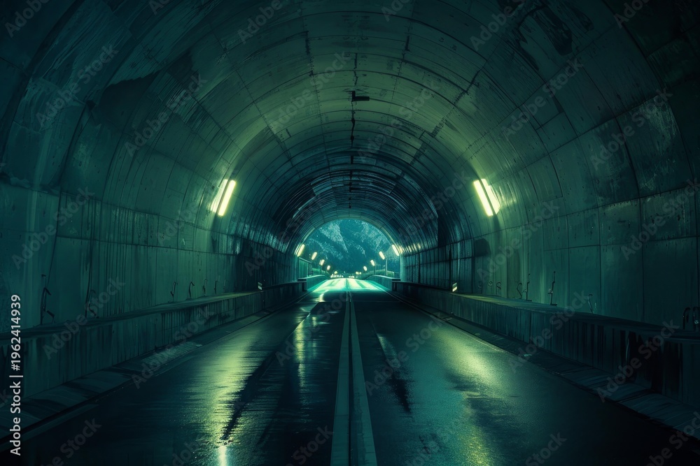 Fototapeta premium Long exposure of an empty wet asphalt road running through an illuminated tunnel at night
