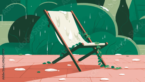 Illustration Of An Empty Chair, Covered In Cold Dew, Half Covered In Small Vines Vector Design Template