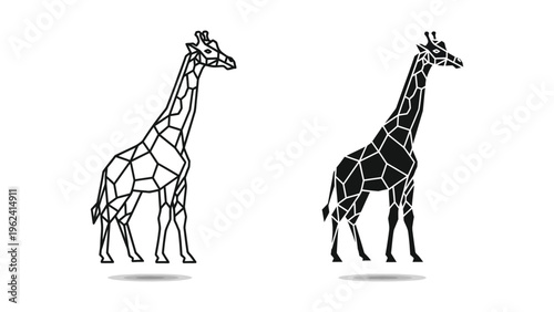 Geometric and fragmented style illustrations of two giraffes standing side by side