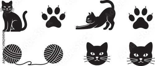 Black cat silhouettes and paw prints with yarn balls