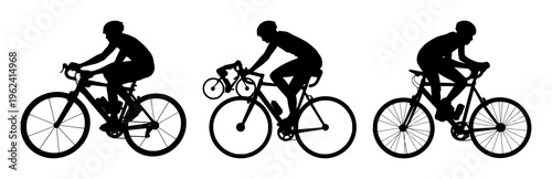 Bicycle racing silhouette set with dynamic streamlined cyclist and bold line art featuring cycling, sport, motion with speed and competition