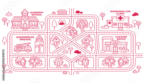 Hand drawn illustration of a whimsical gingerbread city map with roads and houses