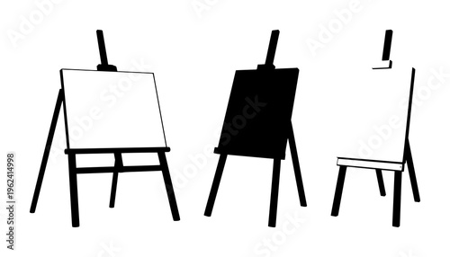 Easel set with silhouette of painting on canvas against bold black background featuring artist, line art, minimalism with vector and illustration