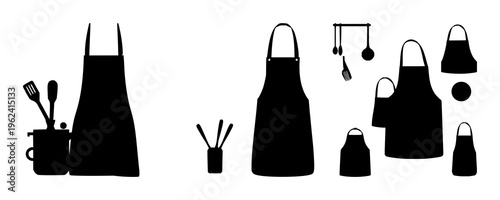 Apron kitchen silhouette set with clean line vector illustration featuring cooking apparel, kitchen tools, household items with cookware and stove top
