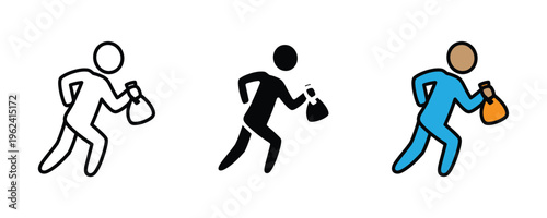 Thief or burglar running with stolen money bag icon set. Person carrying sack of cash flat character symbol. Vector Illustration.