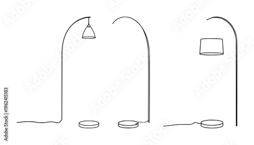 Minimalist line art of a mid-century modern arc floor lamp, interior design, thin consistent stroke, white background. set with simple line art design featuring simple design, minimalist, black and...