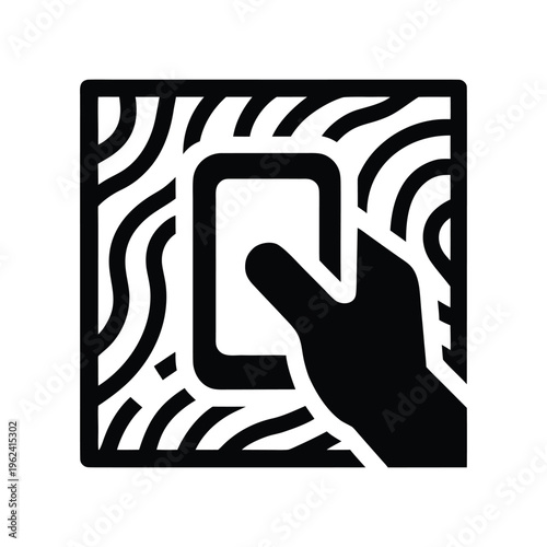 Simple silhouette of a hand locking a smartphone inside a small wooden box. isolated on White Background