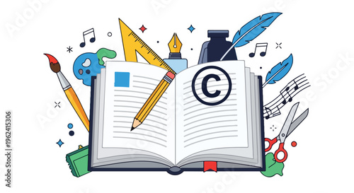 An open book with a copyright symbol surrounded by creative tools like pencils, paintbrushes, and music notes on World Book and Copyright Day