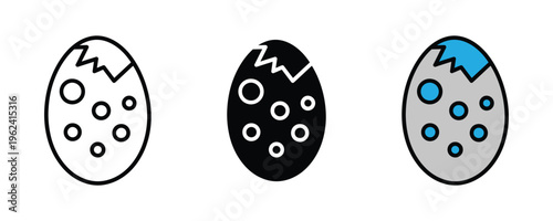 Cracked dinosaur egg and hatching dragon egg icon set. Prehistoric creature birth and mystery egg symbol. Vector Illustration.